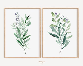 Set of 2 Eucalyptus Watercolor Prints, Green Botanical Wall Art, Minimalist Digital Download