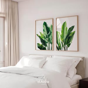 Tropical Leaves Print Set of 2, Green Botanical Wall Art, Monstera Palm Leaf Digital Download image 4