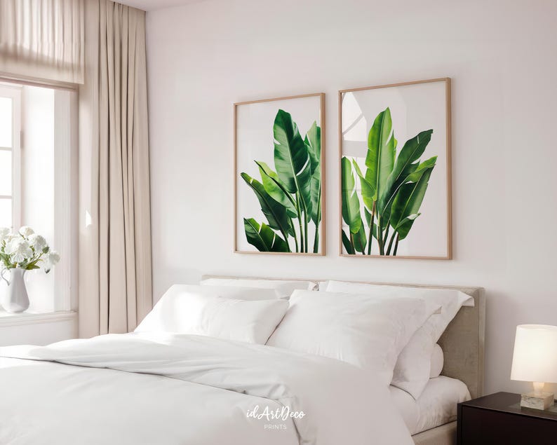 Tropical Leaves Print Set of 2, Green Botanical Wall Art, Monstera Palm Leaf Digital Download image 4