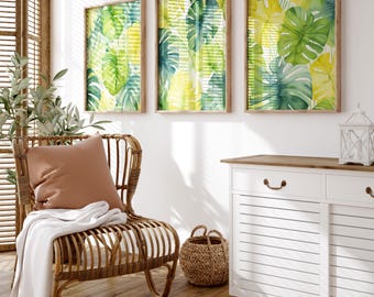 Aquarell tropische Blätter Drucke 3, Monstera Palm Wandkunst, grün botanische digitaler Download