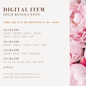 May include: A digital art print listing with text that reads "Digital Item High Resolution This art can be printed in 20+ sizes" and lists different sizes for printing in inches and centimeters. The text also reads "Every file can be printed in any size under the largest size listed above."