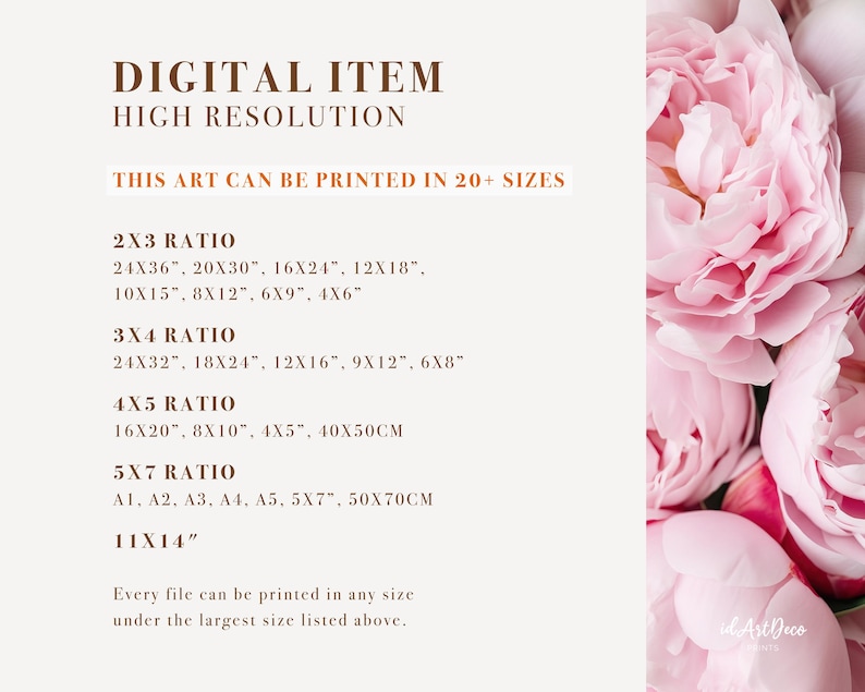 May include: A digital art print listing with text that reads "Digital Item High Resolution This art can be printed in 20+ sizes" and lists different sizes for printing in inches and centimeters. The text also reads "Every file can be printed in any size under the largest size listed above."