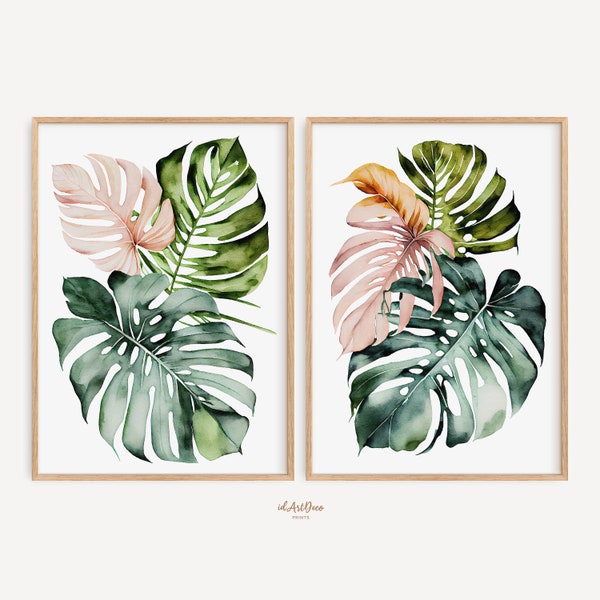 Monstera Leaves Print Set, 2 Piece Decor, Botanical Print, Tropical Leaf Prints, Green Palm Leaf Wall Art, Monstera Poster, Tropical Plant