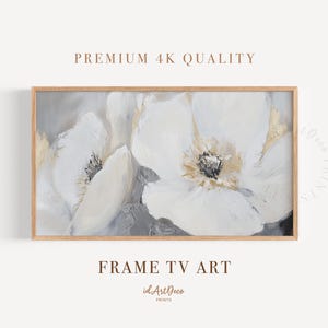 Abstract White Flowers Samsung Frame TV Art, Neutral Textured Oil Painting, Modern Floral Digital Wall Art for Frame TV, 16x9 Download