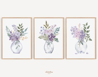 Floral Wall Art Set of 3 Prints, Pastel Flower Vase Printable, Botanical Watercolor Decor