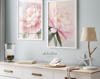 Peonies Print Set of 2, Pink Floral Wall Art, Peony Printable, Digital Flower Prints