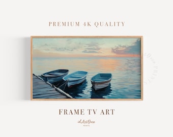 Samsung Frame TV Art, Boat Landscape Oil Painting, Rustic Frame TV Art, Lake Sunset Wall Art, Country Vintage Frame TV Digital Download