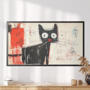 May include: Abstract painting of a black cat with red and white accents. The cat is looking to the right and has large, white eyes. The background is a mix of white, red, and black paint.