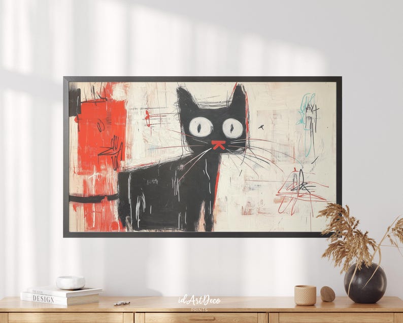 May include: Abstract painting of a black cat with red and white accents. The cat is looking to the right and has large, white eyes. The background is a mix of white, red, and black paint.