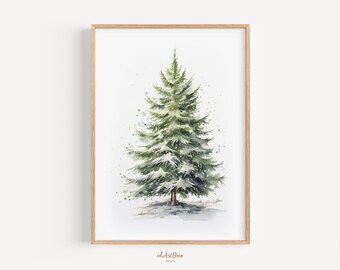 Impresión de acuarela de árbol de Navidad, arte mural nevado de invierno, decoración navideña de estilo vintage, descarga digital