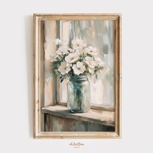 Wildflowers in Jar Wall Art, Rustic Floral Print, Neutral Farmhouse Printable, Vintage Window Sill, Cottagecore Decor