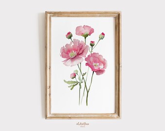 Poppies Watercolor Art Print, Pink Poppy Poster, Floral Bouquet Wall Art, Digital Download