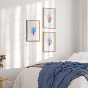 May include: Three framed watercolour prints of coral branches in shades of blue and pink, hanging on a white wall above a bed with a blue throw blanket.