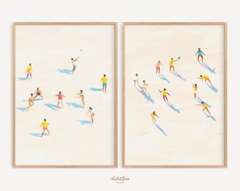 Beach Volleyball Art Set of 2, Aerial Beach Prints, Minimalist Summer Decor, Coastal Wall Art