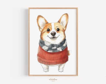 Corgi Winter Art Print, Modern Pet Art, Dog Digital Download, Winter Pet Decor, Dog Lover Gift