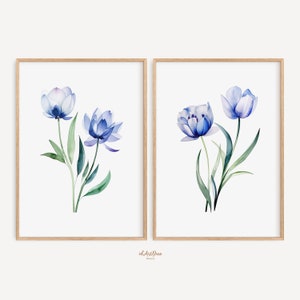 Lot de 2 imprimés fleurs bleues, art floral aquarelle, décoration de chambre à coucher bleu marine, art mural minimaliste, estampes botaniques, art en téléchargement numérique