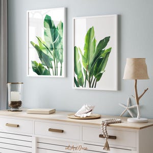 Tropical Leaves Print Set of 2, Green Botanical Wall Art, Monstera Palm Leaf Digital Download image 2