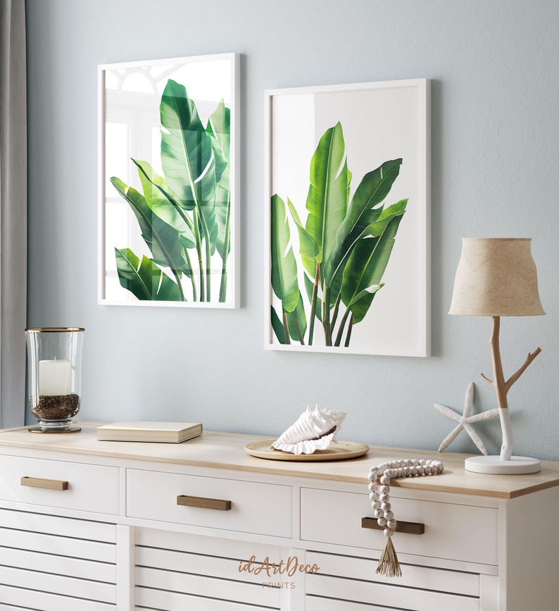 Tropical Leaves Print Set of 2, Green Botanical Wall Art, Monstera Palm Leaf Digital Download image 2