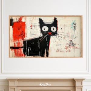 May include: Abstract painting of a black cat with red and white accents. The cat has large, white eyes and a red nose. The background is a mix of white, red, and black.