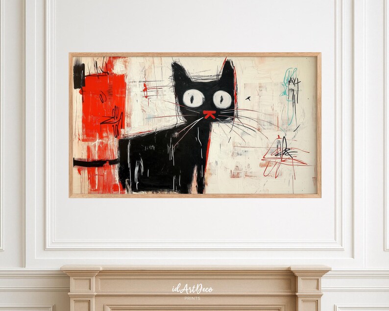 May include: Abstract painting of a black cat with red and white accents. The cat has large, white eyes and a red nose. The background is a mix of white, red, and black.