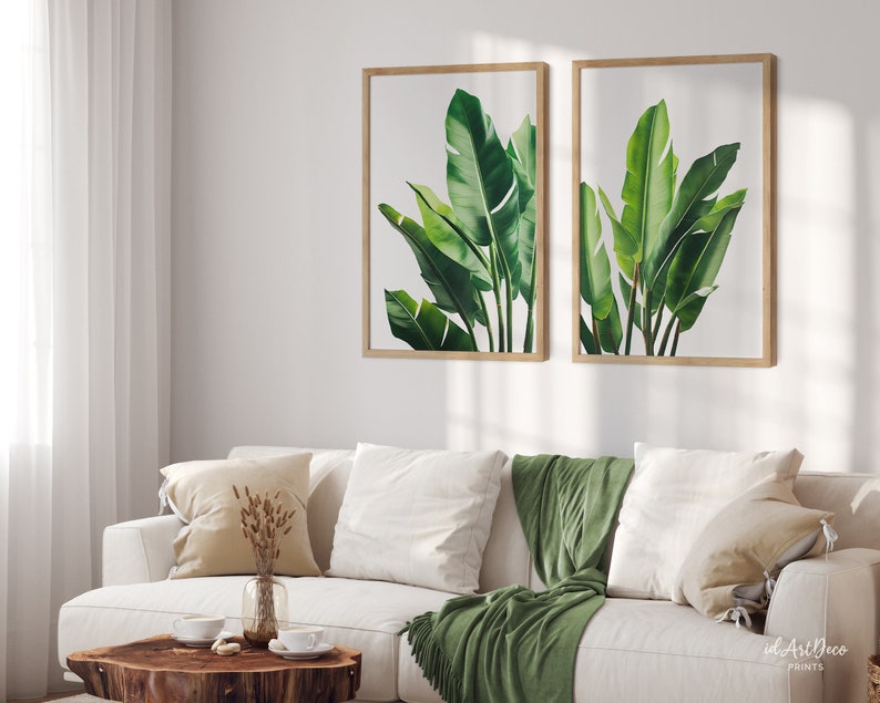 May include: Two framed prints of green banana leaves against a white background. The prints are in wooden frames and are hung on a white wall.