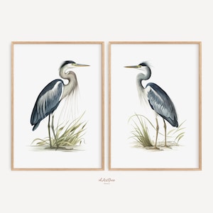 Juego de 2 impresiones de garzas, arte mural costero, póster de aves en acuarela, decoración imprimible de cabaña de playa, descarga digital náutica para sala de estar