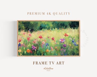 Samsung Frame TV Art, Spring Wildflower Field, Colorful Oil Painting, Textured Floral Landscape, Digital Download, Cottagecore TV Art
