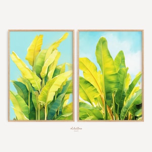 Bananenblätter Print 2er-Set, tropische botanische Kunst, Monstera druckbare Wandkunst, grünes Blatt digitaler Download, minimalistisches Wohndekor