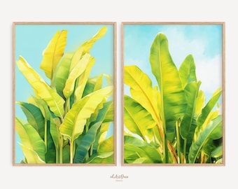 Bananenblätter Print 2er-Set, Tropische botanische Wandkunst, Monstera druckbare, grünes Blatt digitaler Download