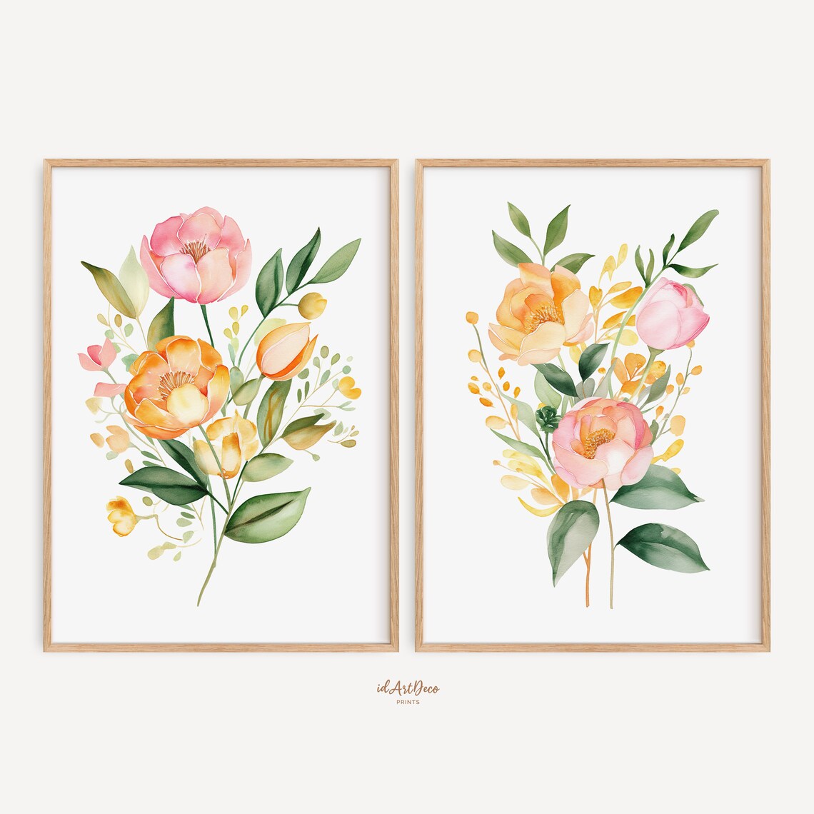 Blush Pink and Orange Watercolor Floral Prints, Set of 2, Nursery Wall ...