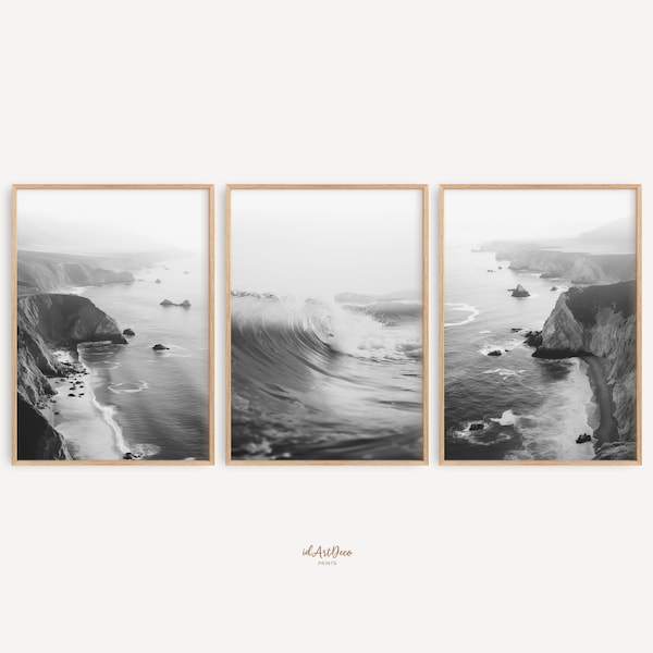 Coastal Set of 3 Prints, Photos de plage noir et blanc, Ocean Prints Set, California Coast Print, Set of 3 Wall Art, Coastal Photography