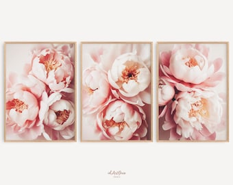 Peony Watercolor Art Set of 3, Blush Pink Floral Printable Wall Decor, Digital Download for Bedroom