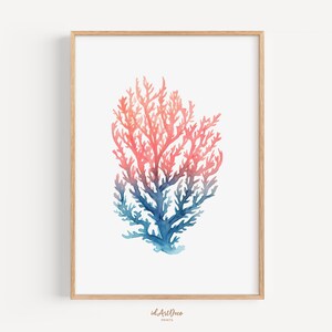 May include: A watercolour painting of coral in shades of pink, orange, and blue. The coral is depicted in a realistic style, with intricate details and a delicate texture. The painting is set against a white background.