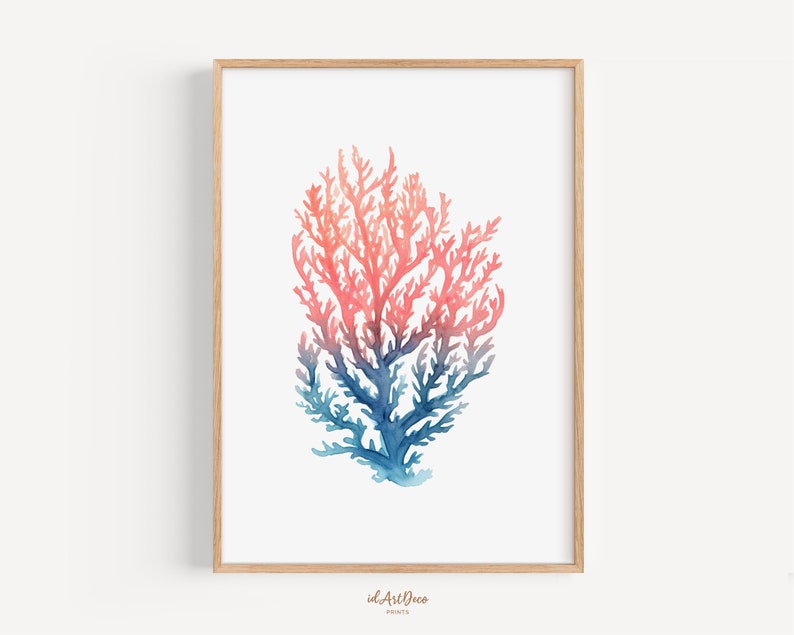 May include: A watercolour painting of coral in shades of pink, orange, and blue. The coral is depicted in a realistic style, with intricate details and a delicate texture. The painting is set against a white background.