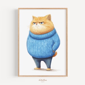 Grumpy Ginger Cat Art Print, Funny Cat in Cozy Sweater, Winter Cat Wall Art, Cute Grumpy Cat Decor, Cat Lover Gift, Cozy Cat Modern Poster