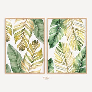 Tropisches Blattdrucke Set von 2, Palme Monstera botanische Wandkunst, Aquarell Pflanzenposter, grünes Dschungeldekor, druckbare tropische Wandkunst