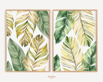 Juego de 2 impresiones de acuarela de hojas tropicales, arte mural botánico de palmeras y monstera, decoración imprimible de jungla verde