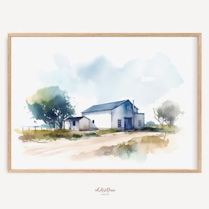 Blue Barn Watercolor No 01, Barn Art Print, Barn Painting, Barn Watercolor Print, Farmhouse Decor, Modern Farmhouse, Home Decor, Farm Decor