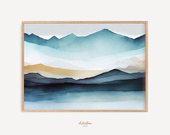 Printable Minimalist Landscape, Abstract Blue Art Print, Contemporary Modern Wall Decor