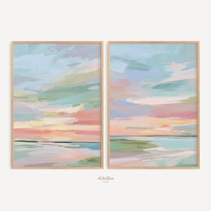 海岸沿いのウォールアート2点セット、パステル調の風景画、抽象的な海の夕日、ビーチの絵画、ソフトトーン、デジタルダウンロードアート、夏の装飾