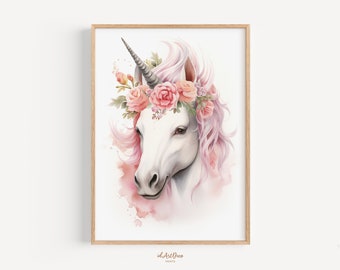 Unicorn Wall Art Print, Pink Watercolor Unicorn Printable, Kids Nursery Decor, Digital Download