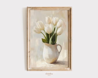 White Tulip Botanical Print, Farmhouse Floral Wall Art, Rustic Country Kitchen Decor, Vintage Digital Download