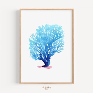 May include: A watercolour painting of a blue coral branch on a white background. The coral is painted in shades of blue, with a pink base.