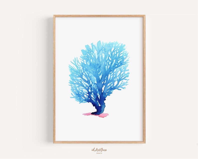 May include: A watercolour painting of a blue coral branch on a white background. The coral is painted in shades of blue, with a pink base.