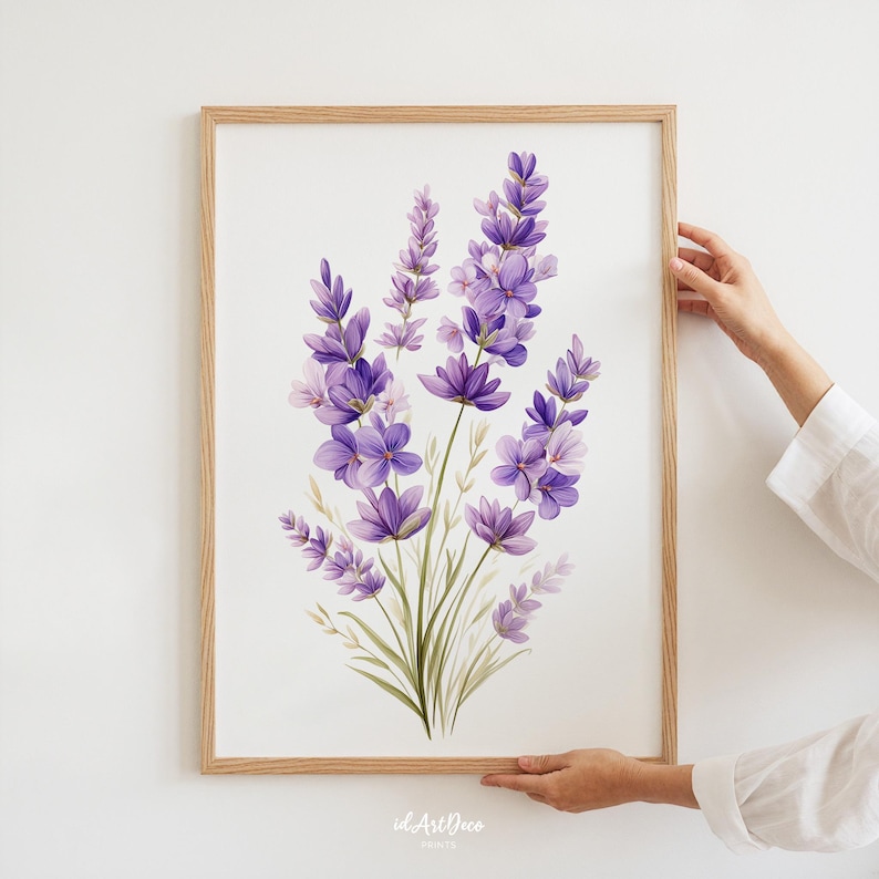 May include: A framed art print featuring a watercolor illustration of lavender flowers in shades of purple and green. The artwork is set against a white background and encased in a light brown wooden frame. The print is held by a person.