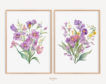 Juego de 2 impresiones de acuarela de flores silvestres moradas, arte de pared botánico para guardería, decoración floral imprimible para dormitorio y oficina.