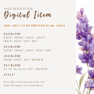May include: Digital item print with a watercolor illustration of lavender flowers in shades of purple and green. Text includes "High Resolution Digital Item" and size ratios such as 2x3, 3x4, 4x5, 5x7, and 11x14 inches.