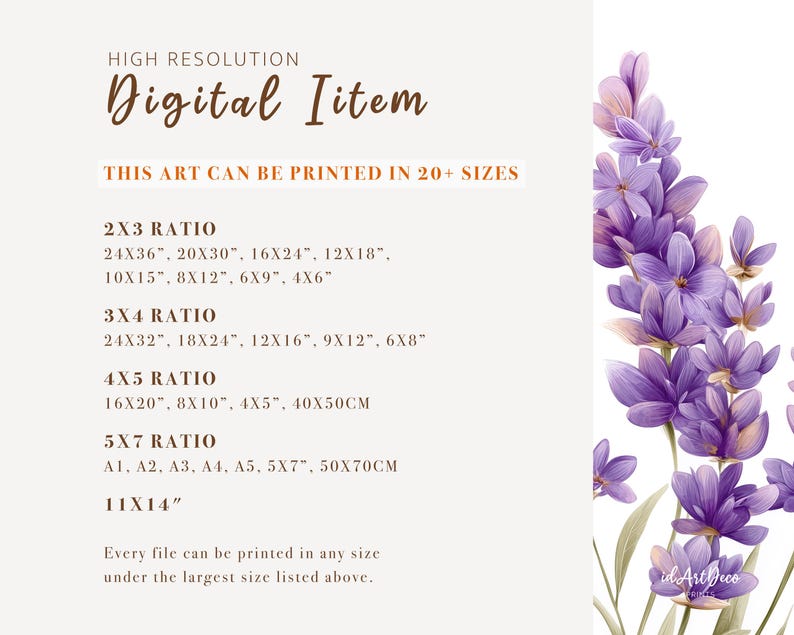 May include: Digital item print with a watercolor illustration of lavender flowers in shades of purple and green. Text includes "High Resolution Digital Item" and size ratios such as 2x3, 3x4, 4x5, 5x7, and 11x14 inches.