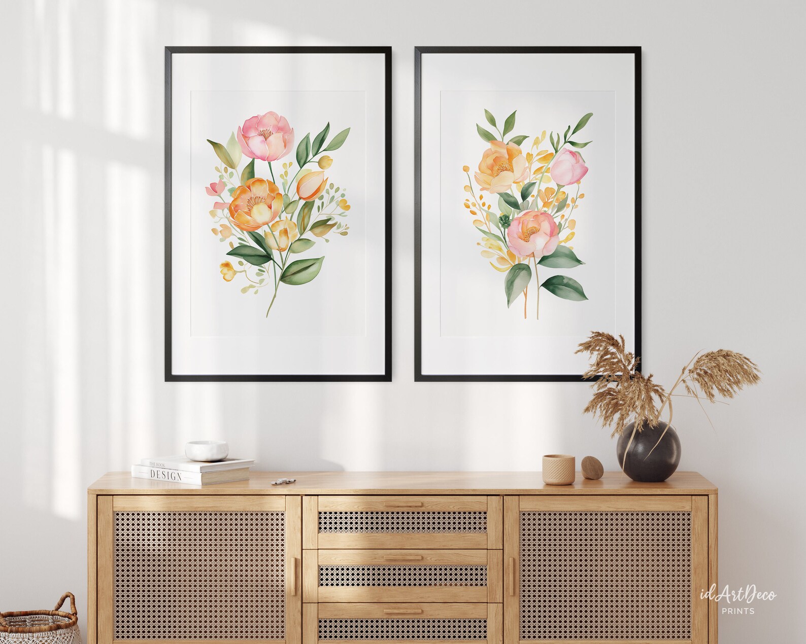 Blush Pink and Orange Watercolor Floral Prints Set of 2, Nursery Wall ...