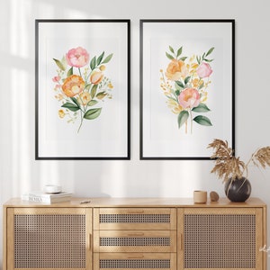 Blush Pink and Orange Watercolor Floral Prints Set of 2, Nursery Wall ...
